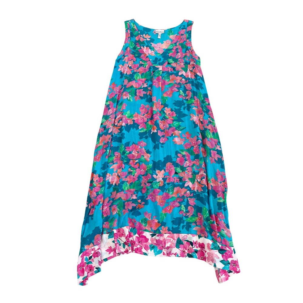 Tommy Bahama Blue Floral Sleeveless Handkerchief Hem Mid Dress Pockets Medium